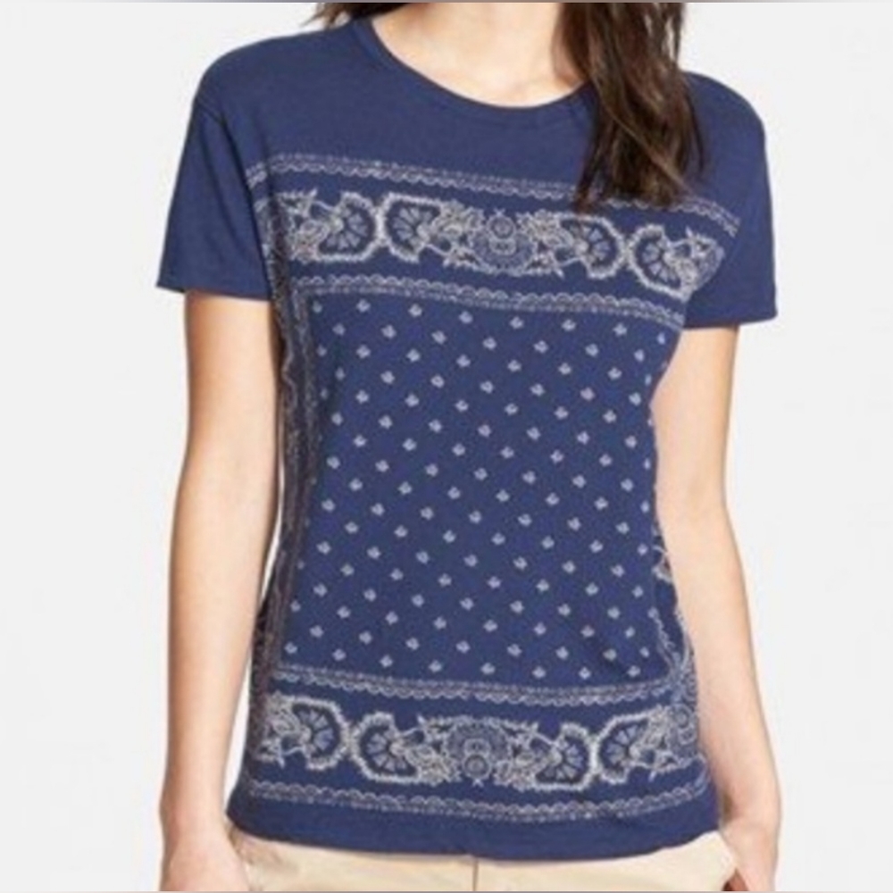 Lucky Brand Blue and Cream colored Bandana Handkerchief Print Tee Women's Size M